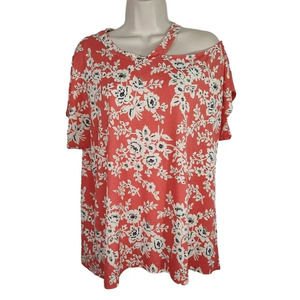 Cato Coral Floral Top Women Size L Short Dolman Sleeve Casual Vacay